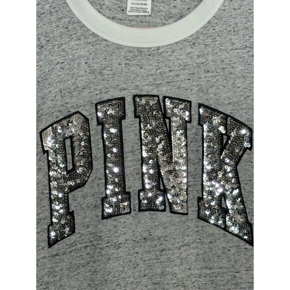 PINK Victoria's Secret Silver Sequin Logo Heather Gray T-Shirt Top Size Small - Picture 4 of 4